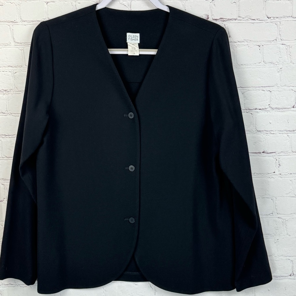 Eileen Fisher Black Blazer Jacket Professional Minimalist Size Small 100% Wool
